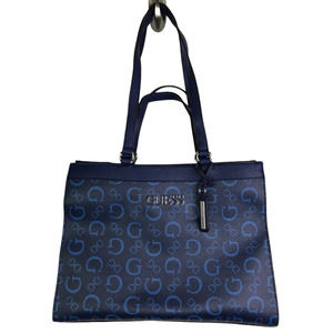 GUESS Women's Elian Satchel Purse Tote Handbag Blue Leather Silver Logo‎ NWOT
